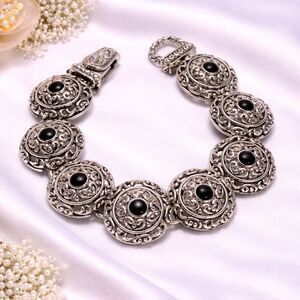 Boho Silver Tone Black Enamel Ornate Link Bracelet Magnetic Clasp